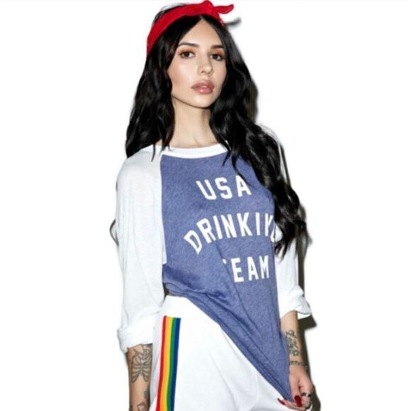 Wildfox Cotton Blend ‘USA Drinking Team’ Raglan Baseball Tee - Small - Picture 1 of 7